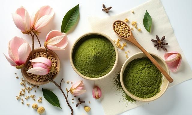 日本の伝統的な化粧品原料。抹茶、椿の花、米ぬか、そして和紙