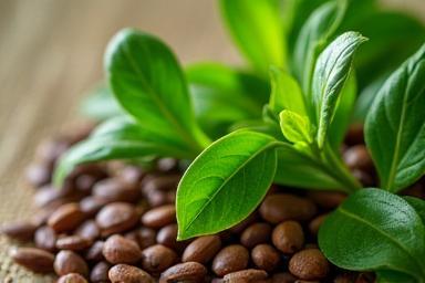 緑茶の葉と椿の種、日本の天然化粧品原料