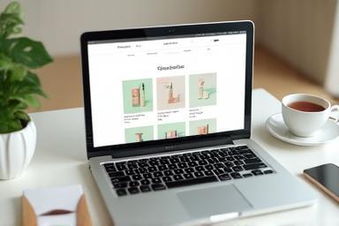 ノートパソコン画面に表示された桜コスメのオンラインストア