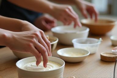 コスメ調合ワークショップで、参加者が材料を混ぜている様子