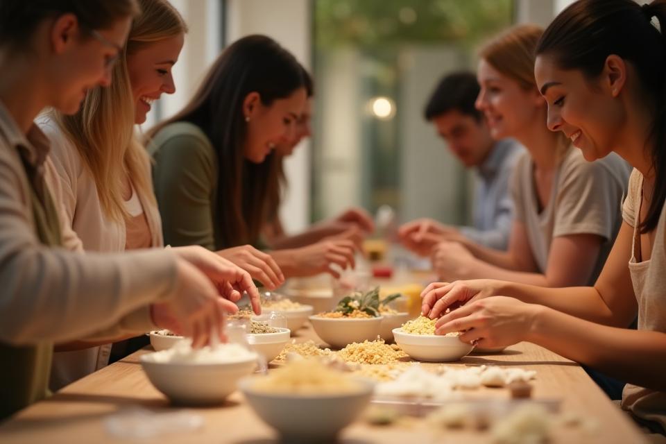 コスメワークショップに参加している人々が、材料を混ぜ合わせている様子